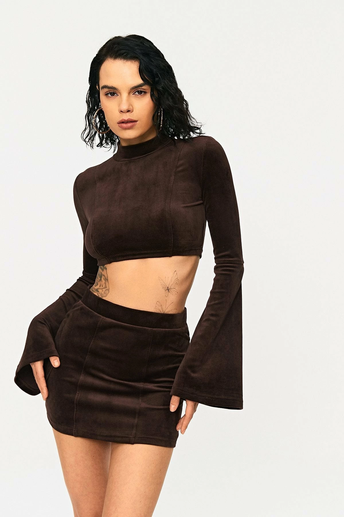 SOLADO Velvet Mock Neck Flared Sleeve Crop Top 1 SOLADO Velvet Mock Neck Flared Sleeve Crop Top
