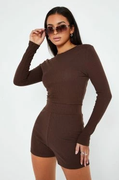 SOLADO Ribbed Long Sleeve Top & High Waist Shorts Set