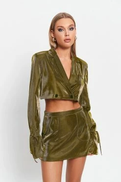 SOLADO Plunging Neck Tie Sleeve Sheen Crop Coat