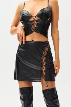 SOLADO High Waist Lace Up PU Leather Mini Skirt