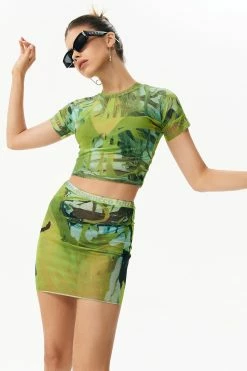 Solado Abstract Print Crop Top & Mesh Skirt Set