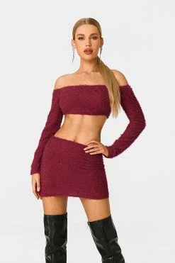 SOLADO Off Shoulder Long Sleeve Top & Fluffy Skirt Set