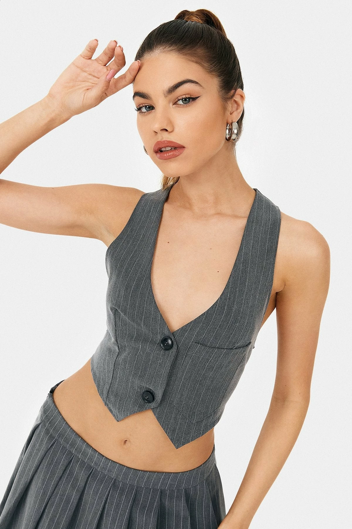 SOLADO Plunging Neck Button Front Stripe Print Vest 1 SOLADO Plunging Neck Button Front Stripe Print Vest