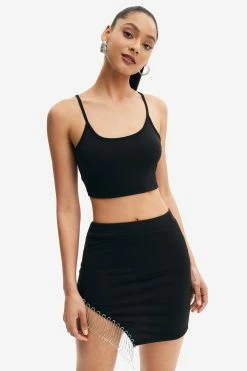 Solado Solid Cami Crop Top & Asymmetrical Fringe Hem Skirt Set