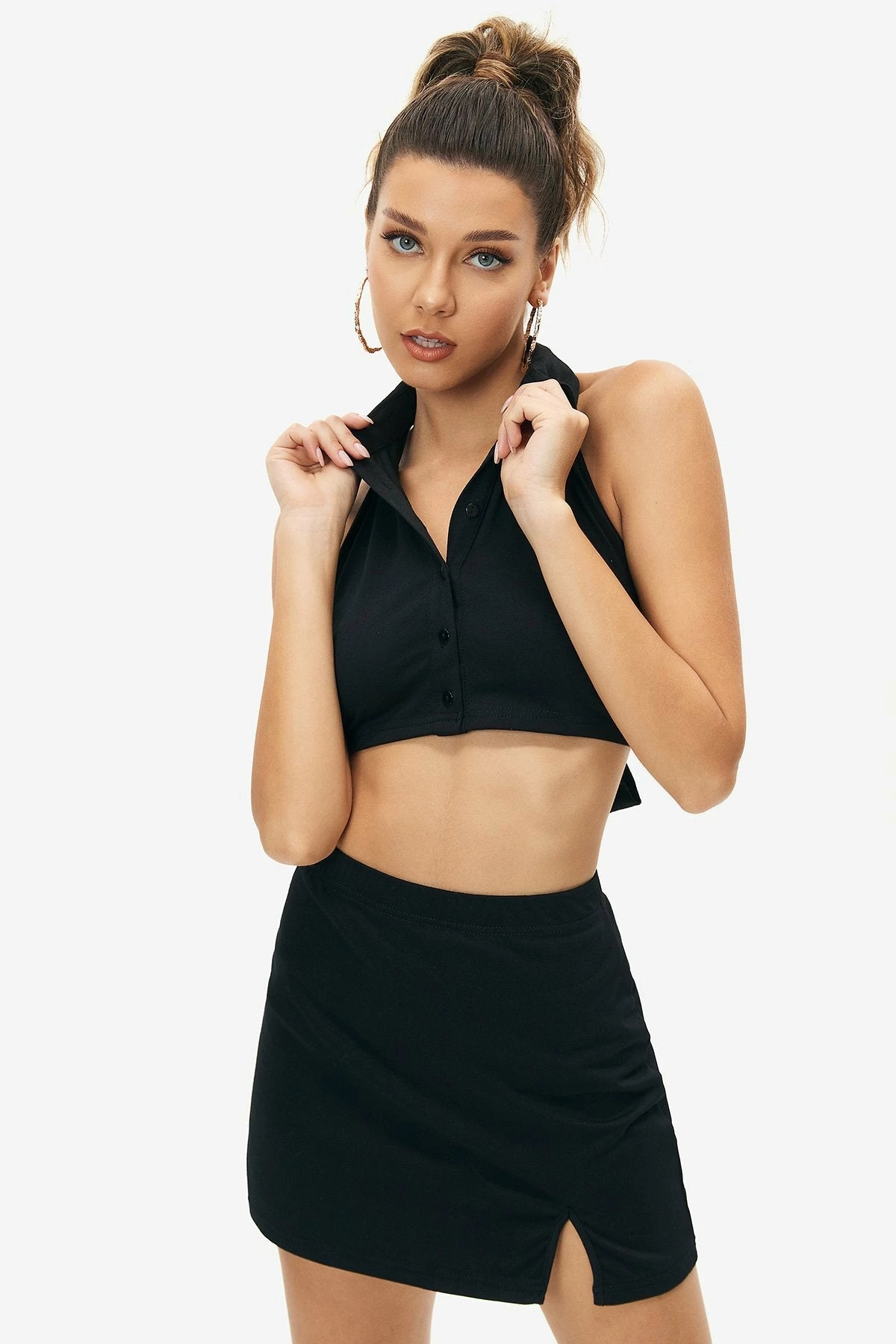 Solado Polo Neck Tie Backless Crop Top & Split Hem Skirt Set 1 Solado Polo Neck Tie Backless Crop Top & Split Hem Skirt Set