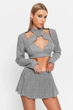 SOLADO 2 In 1 Halter Neck Check Print Cut Out Long Sleeve Top