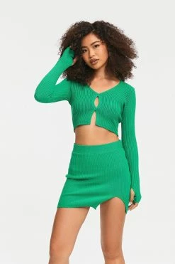 Solado Button Front Ribbed Knit Crop Top & Split Hem Skirt Set