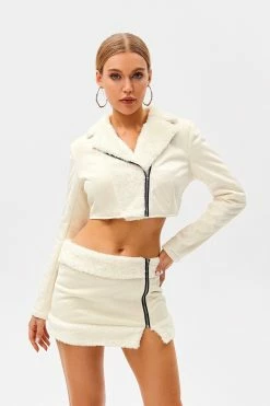 SOLADO Zipper Front Fluffy Splicing Long Sleeve Crop Coat