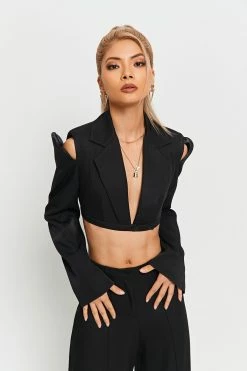 SOLADO Plunging Neck Cut Out Cold Shoulder Long Sleeve Top