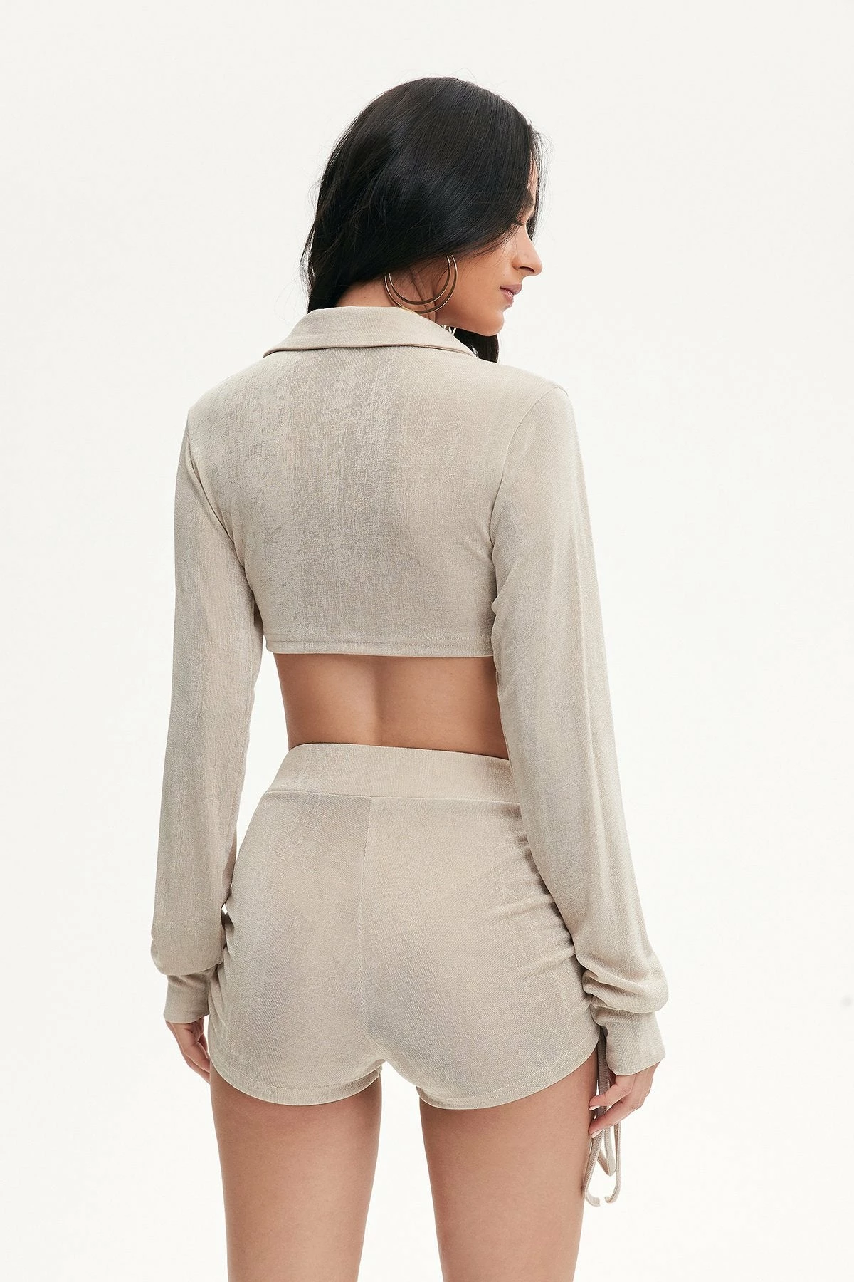 Solado Long Sleeve Crop Top & Drawstring Ruched Shorts Set 2 Solado Long Sleeve Crop Top & Drawstring Ruched Shorts Set - Image 2